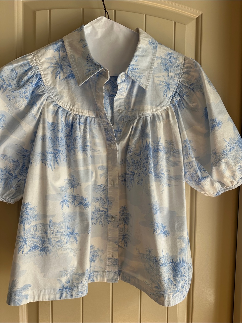 crown & ivy Blue and White Toile Button-Down Blouse